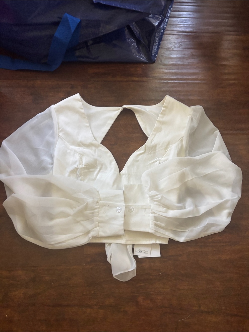 White Mesh Sleeve V-Neck Open Back Women's Top